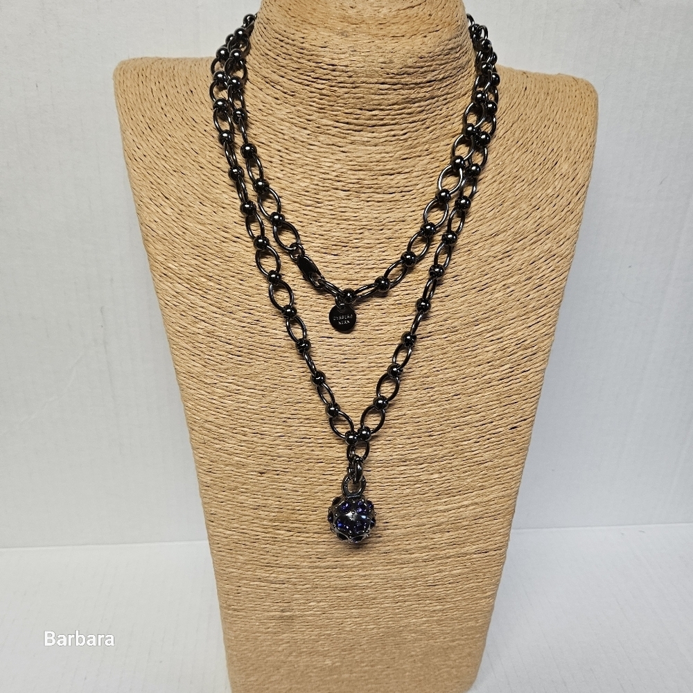 Dyrberg Kern Gunmetal and Purple Crystal Ball Pendant on Opera-length Chain